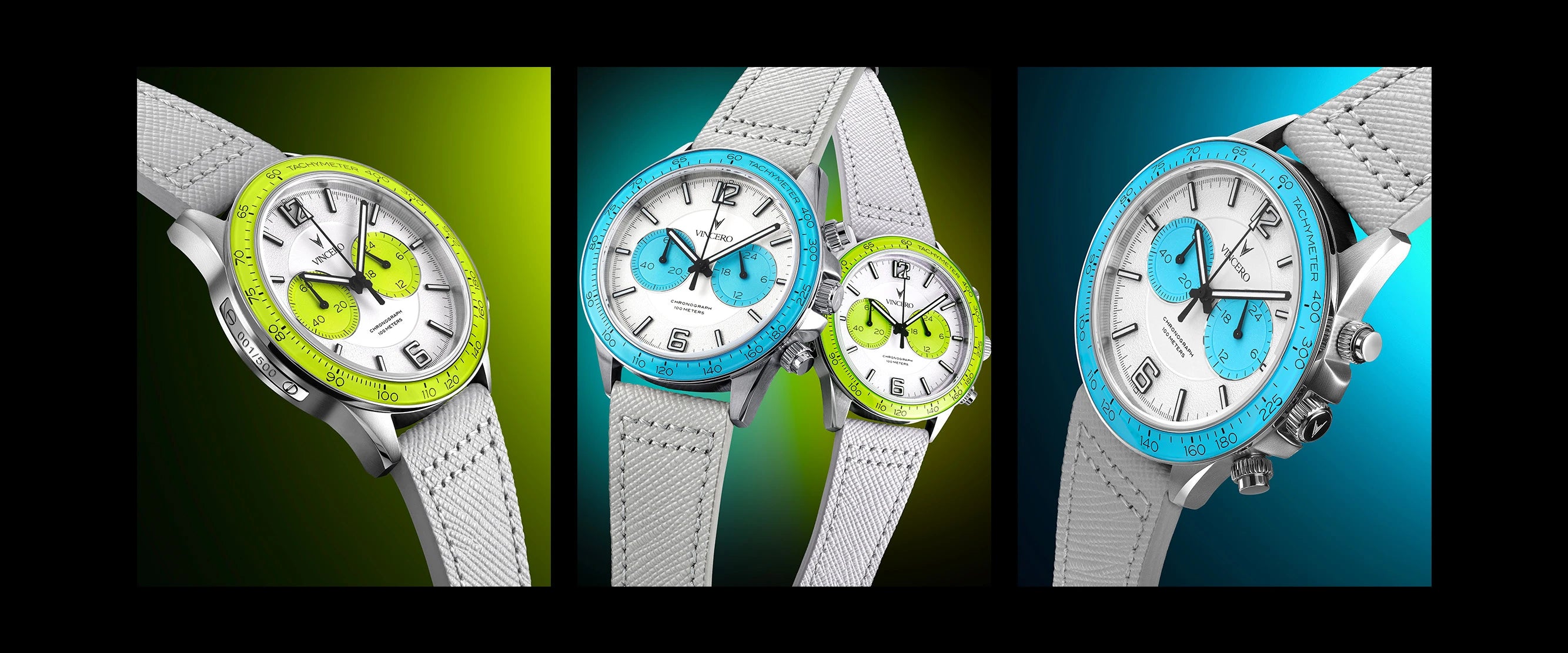 Three watches with different colored faces and straps on a colorful background