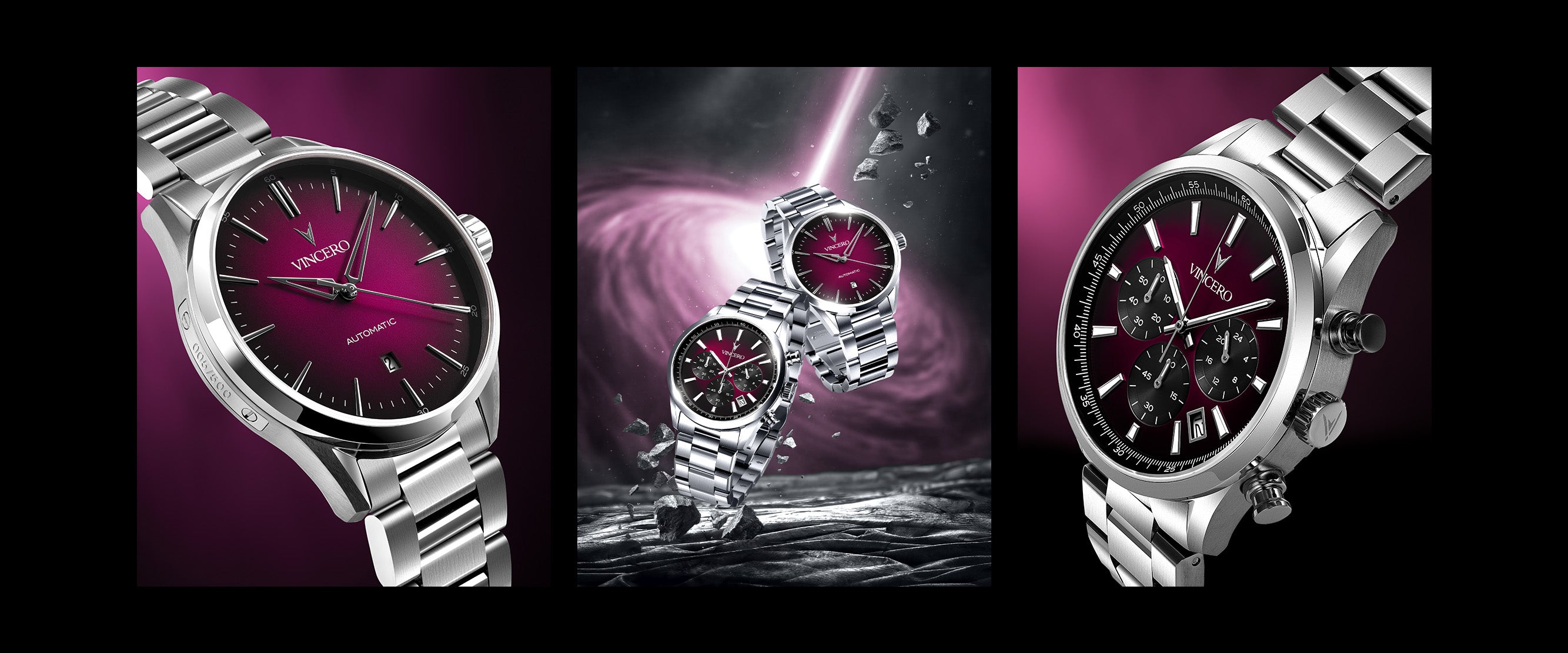 Three views of a silver watch with a dark face on a purple background
