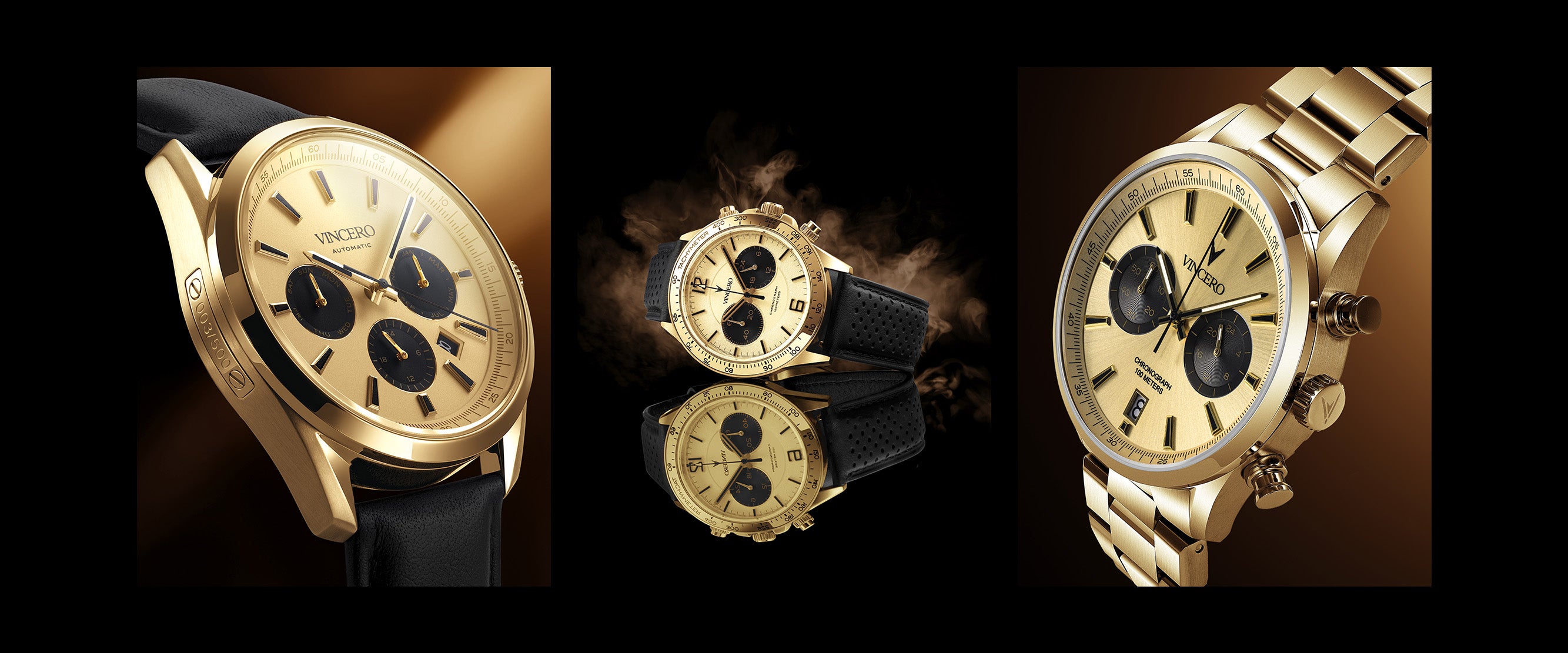 Gold watch with black face and strap displayed in three different angles on a dark background.