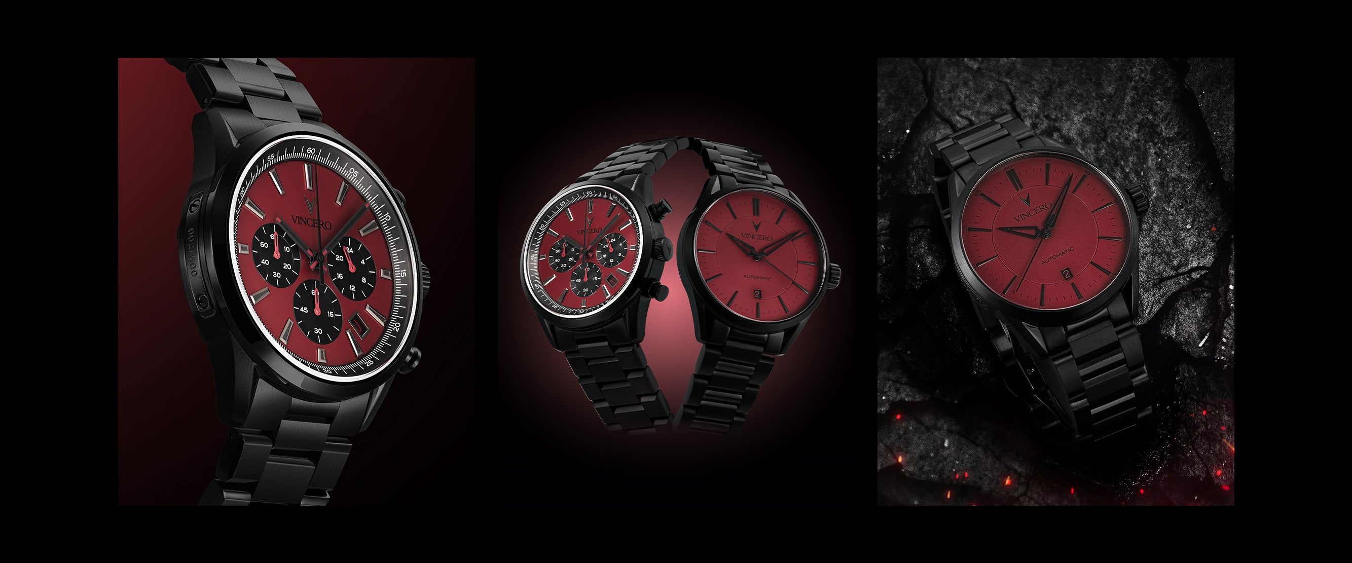 Three views of a black watch with a red face on a dark background