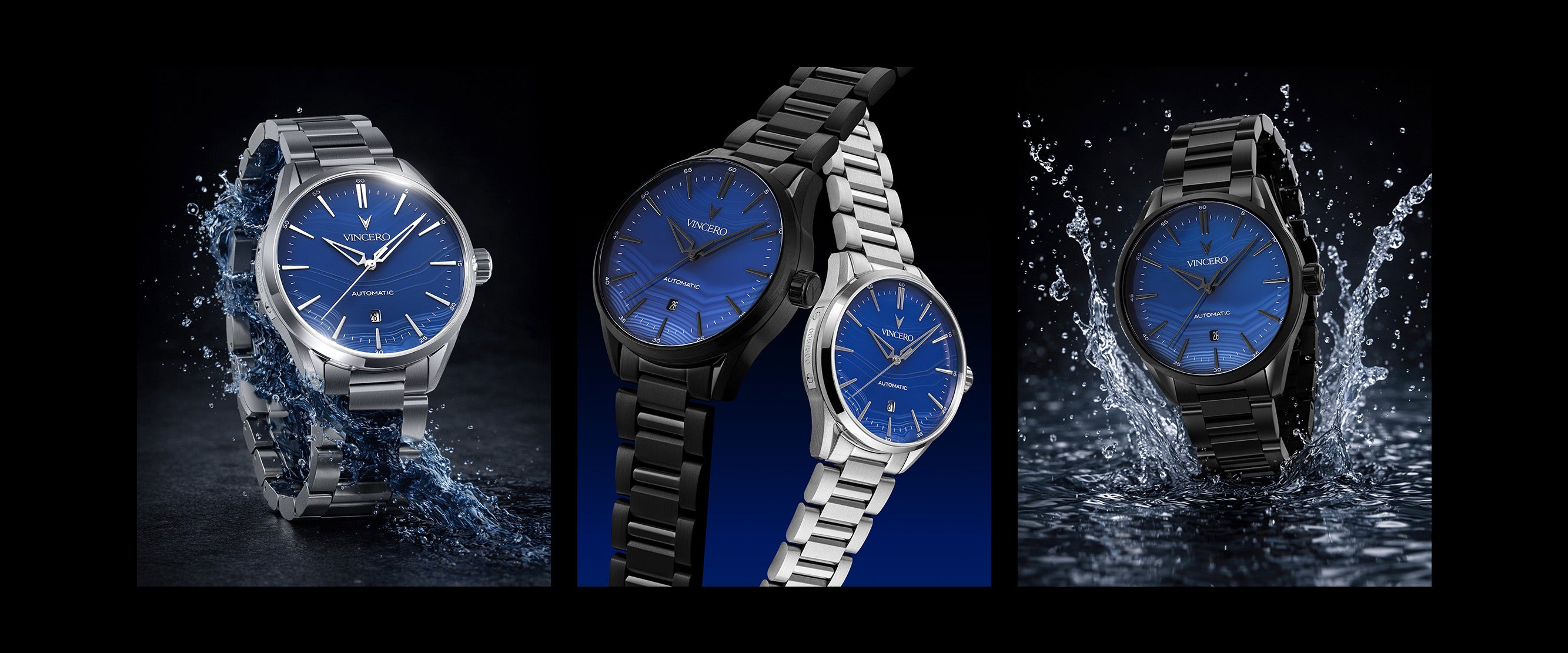 Four watches with blue faces and metallic bands on a dark background
