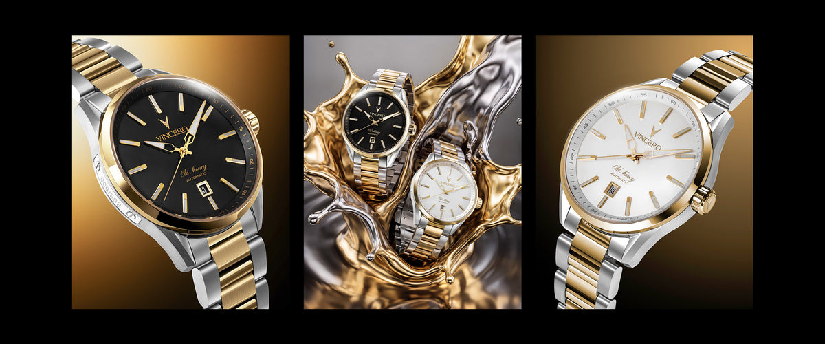 Three views of a two-tone wristwatch with a gold and silver metal bracelet, shown against a black background with a gold gradient. The left view shows a gold and silver dial with a black bezel.