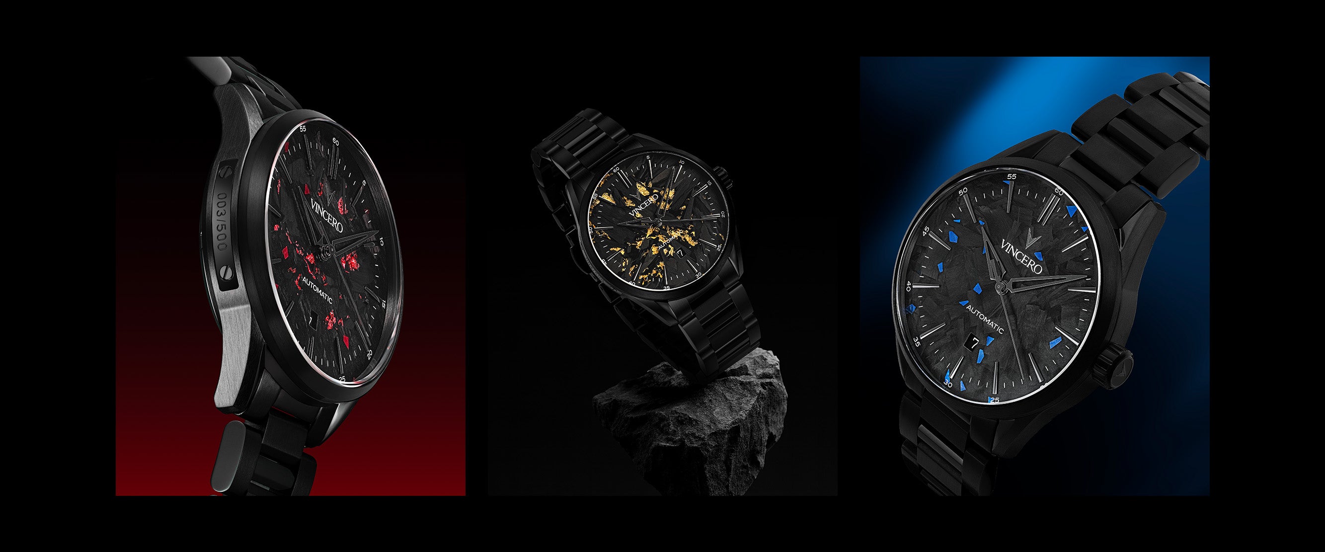 Three watches displayed against different colored backgrounds