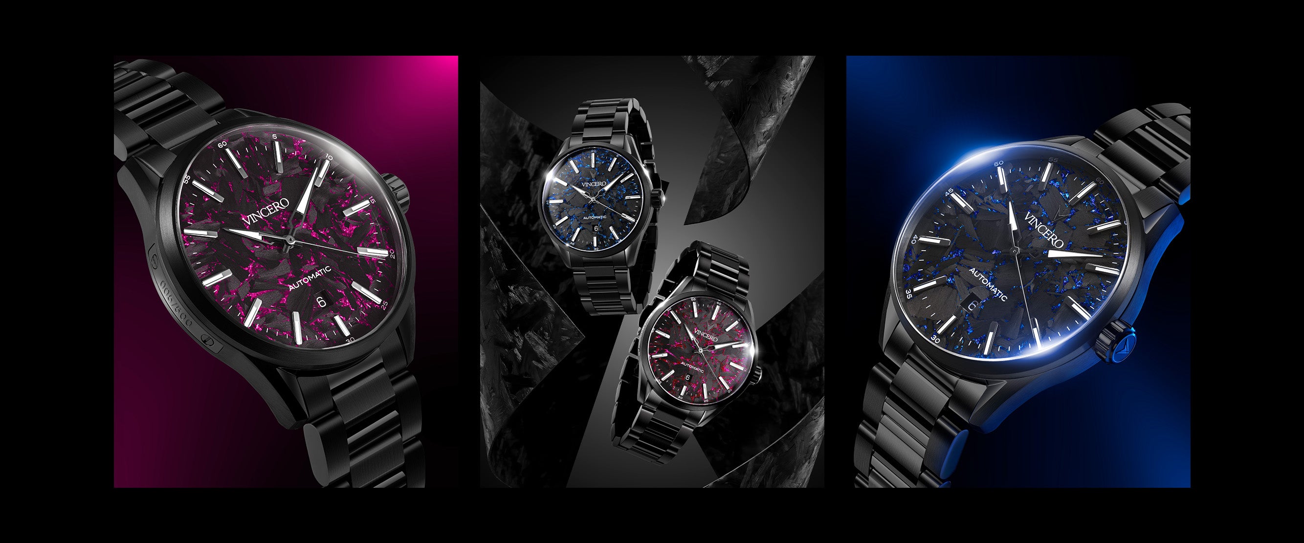 Black wristwatch with pink face displayed in various lighting conditions