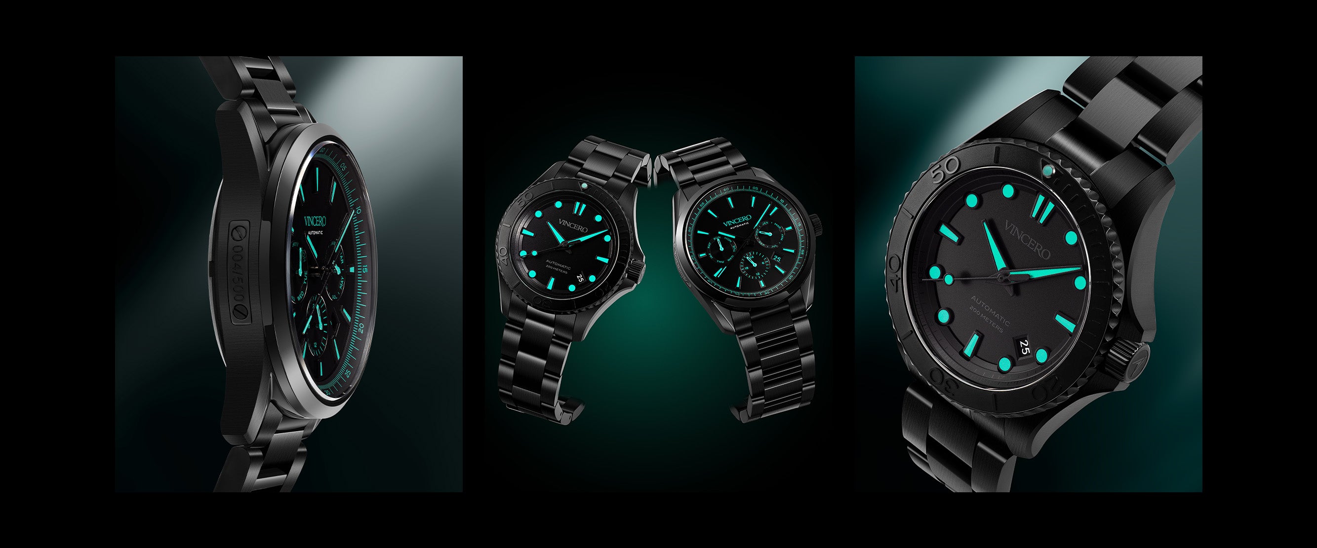 Black watch with green digital display shown from multiple angles on a dark background