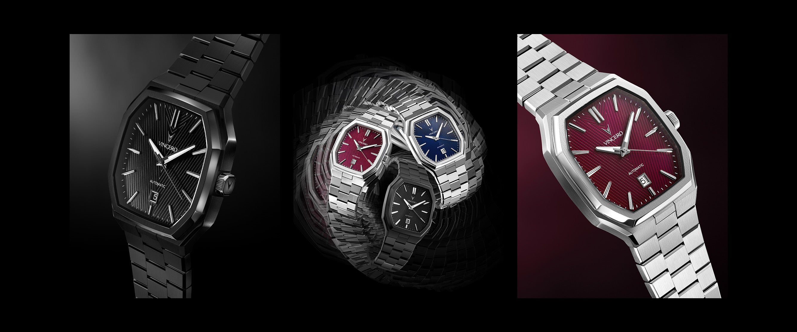 Three watches displayed against a black background