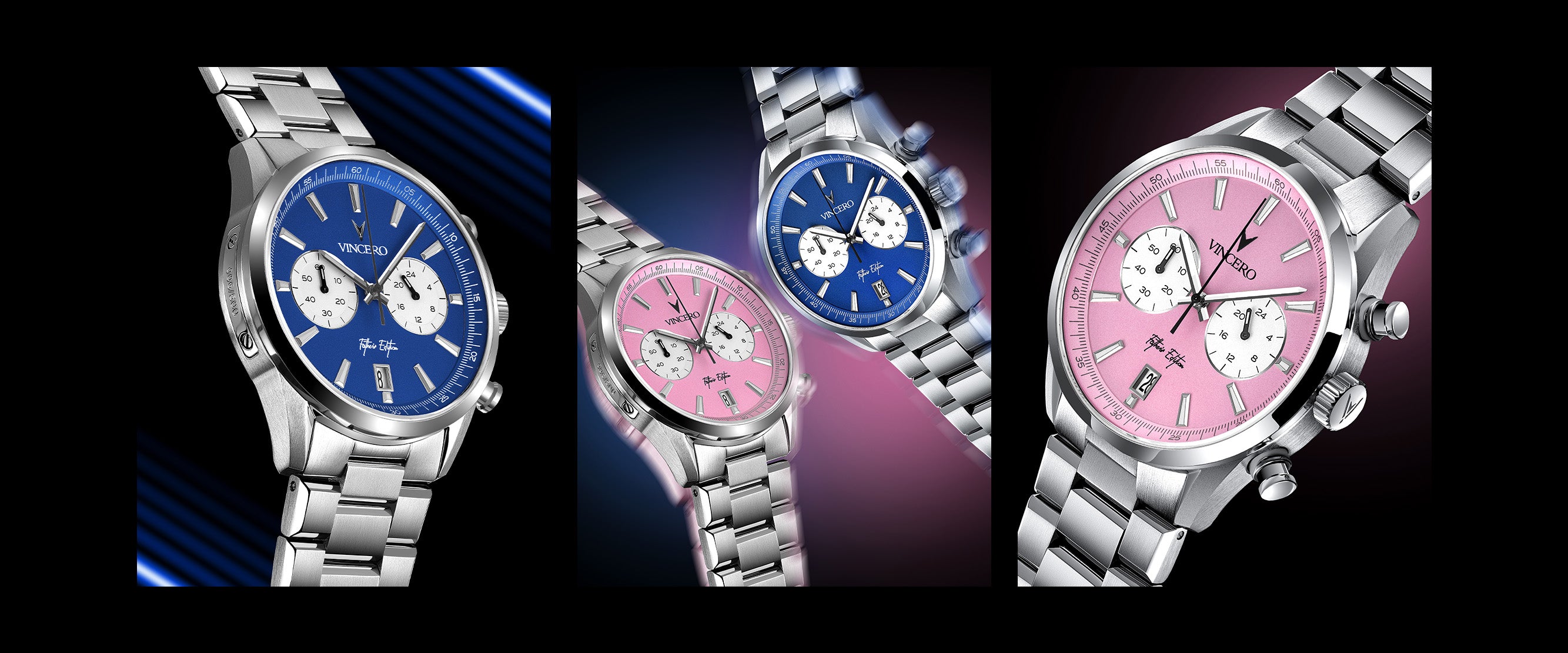 Collage of images showing the Father’s Edition watches. One watch features a pink face, stainless steel casing, and steel band; the other features a blue face, stainless steel casing, and steel band.