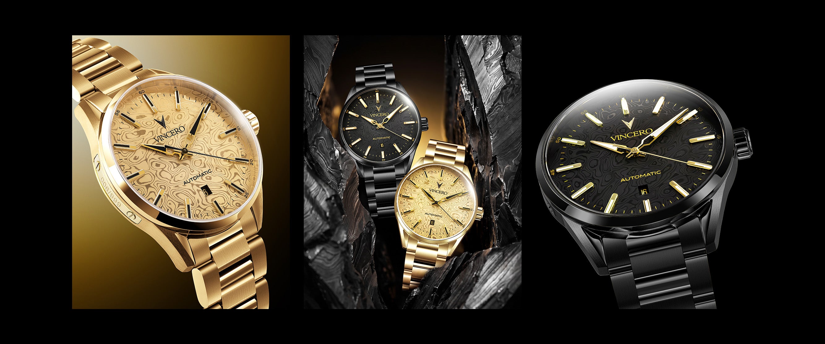 Three wristwatches from the brand VOSTEES are displayed in a three-panel collage against a black background. The left panel shows a gold-tone watch with a textured champagne dial.