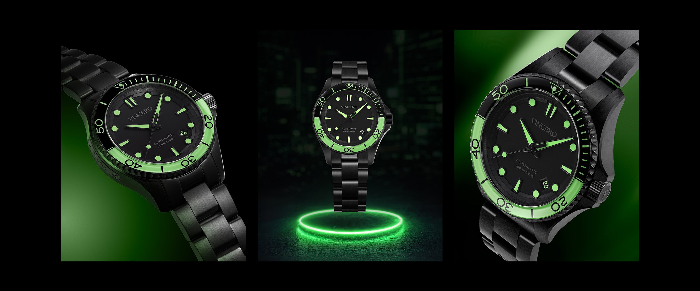 Three black watches with green glowing faces on a dark background