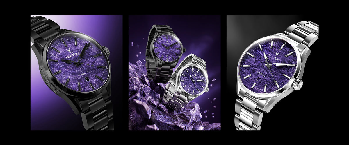 Three views of a wristwatch with a purple marbled dial, shown in black and silver metal cases against dark and purple backgrounds.