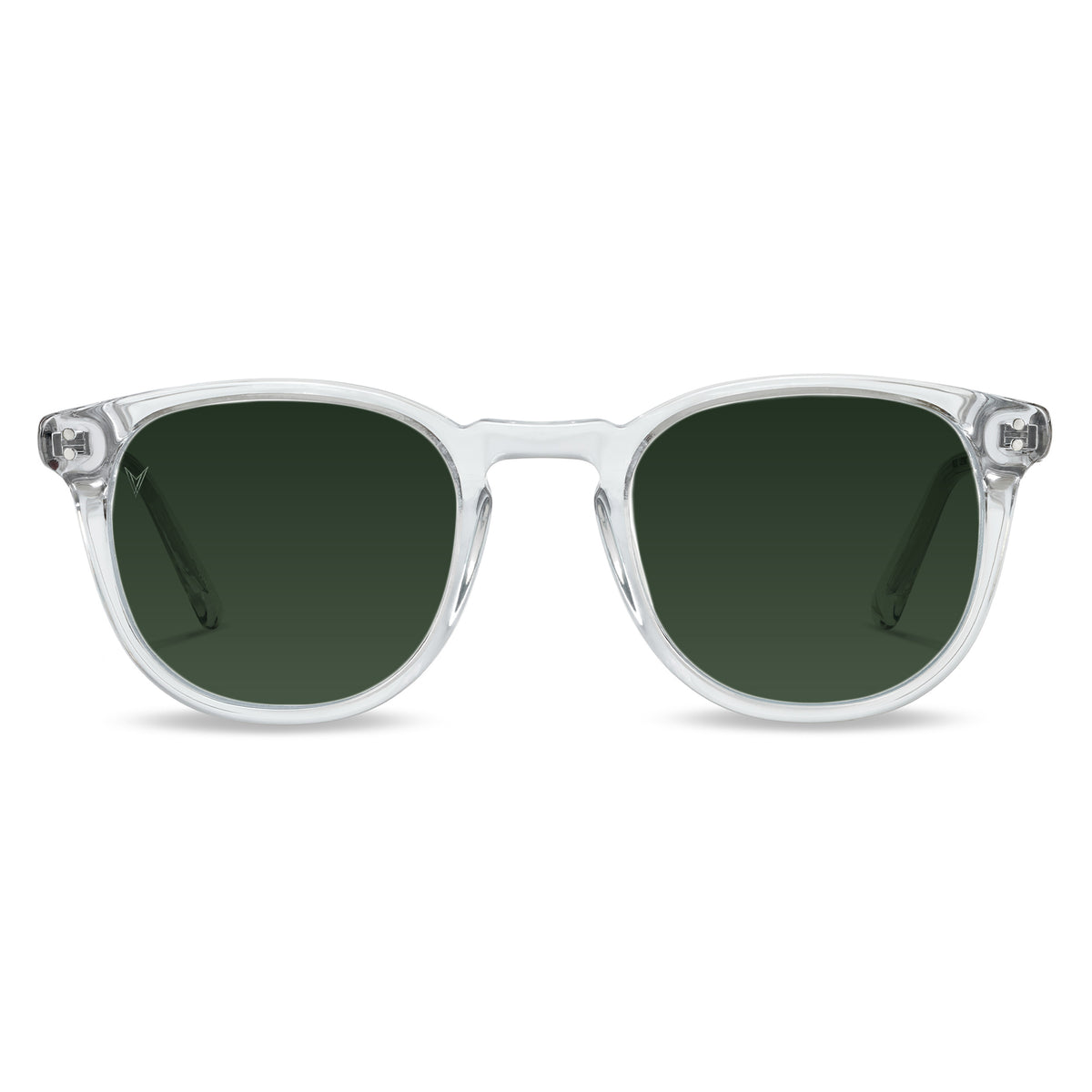 Clear frame sunglasses with dark lenses on a white background