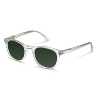 Clear frame sunglasses with green lenses on a white background