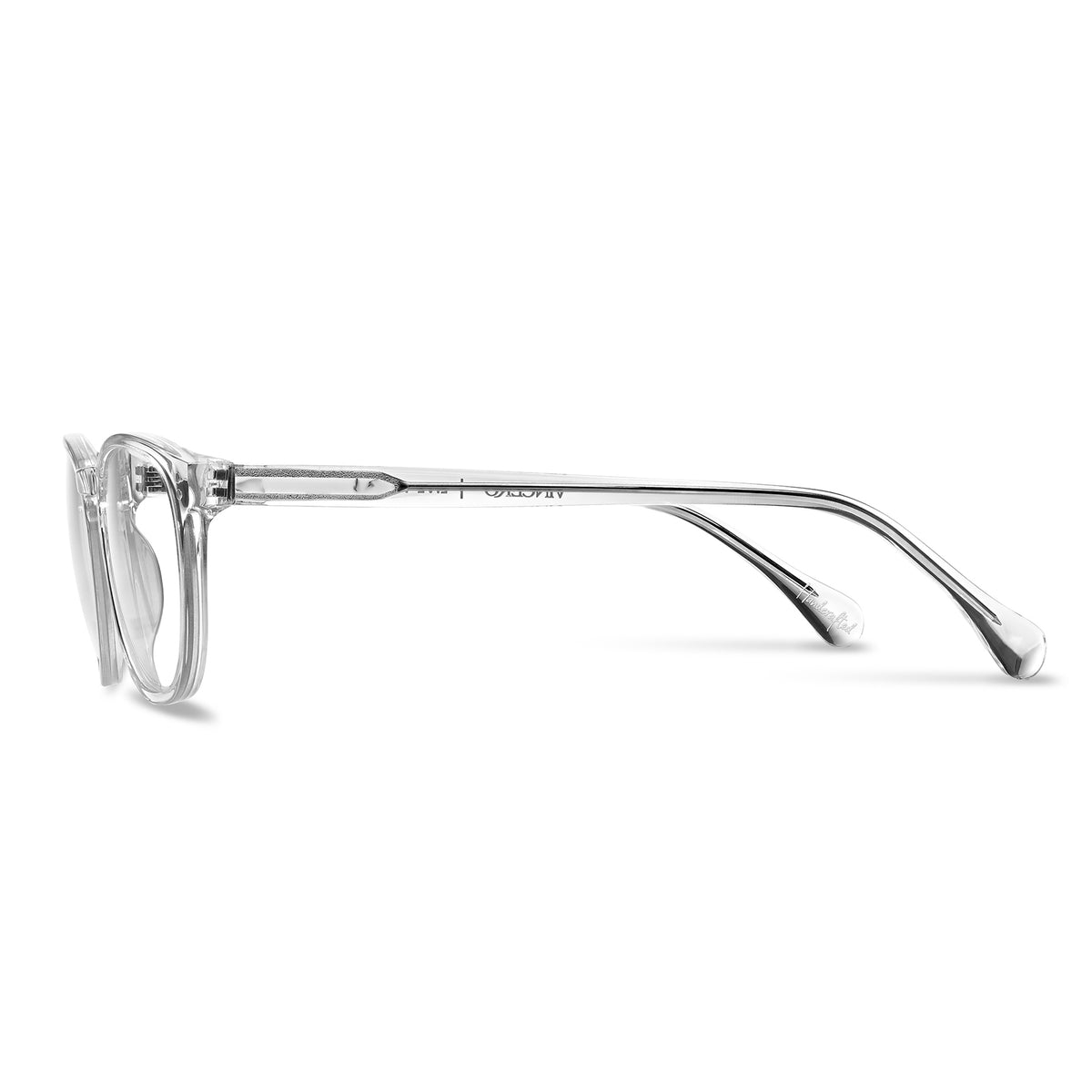 Clear eyeglasses with thin metal frame on a white background