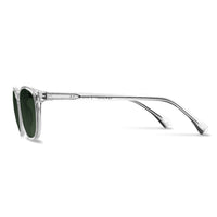 Sunglasses with green lenses and clear frame on a white background