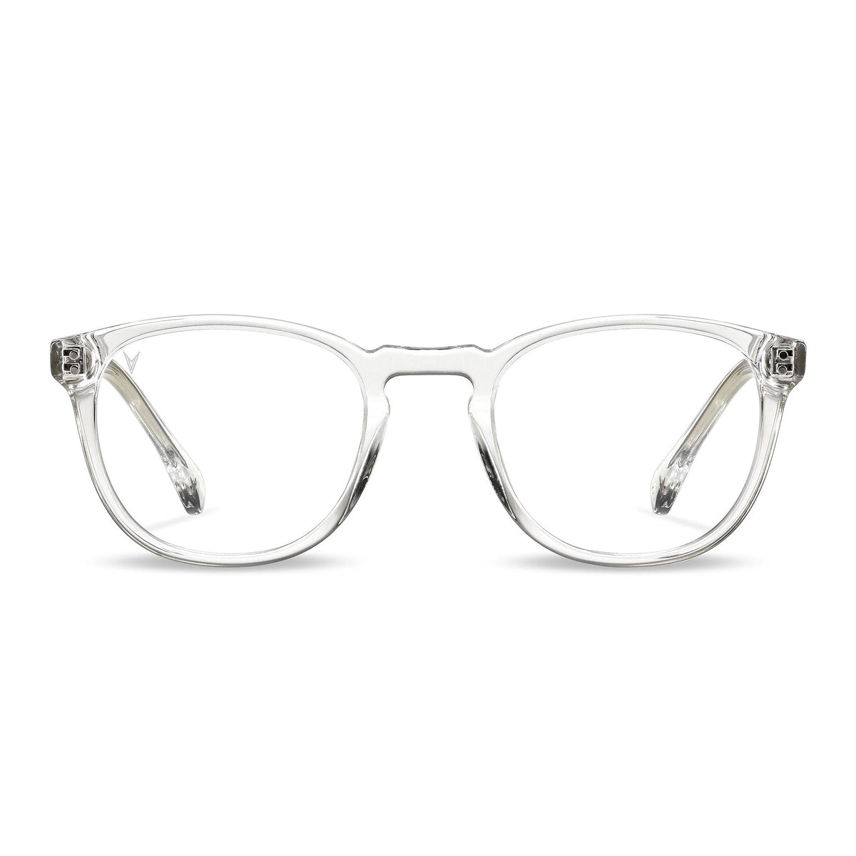 A pair of clear full frame round sunglasses with a transparent design and visible hinges.