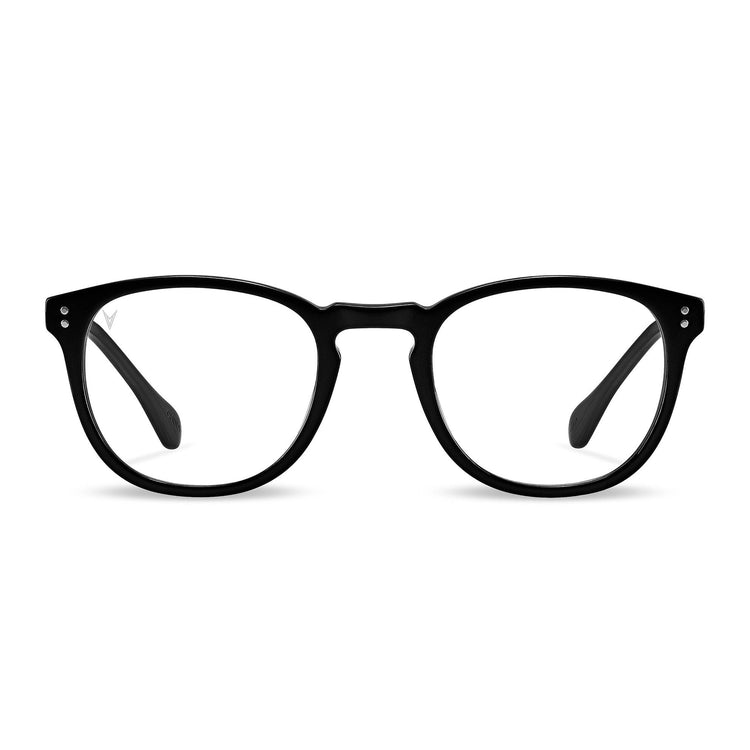 A pair of round-framed black sunglasses with clear lenses and visible hinges.