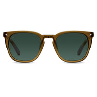 Brown sunglasses with dark lenses on a white background