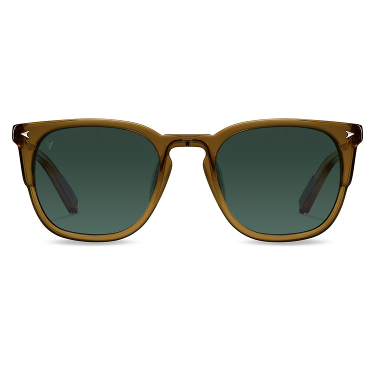 Brown sunglasses with dark lenses on a white background