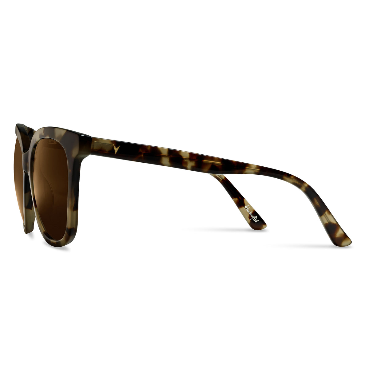 Sunglasses with tortoiseshell frame and brown lenses on a white background
