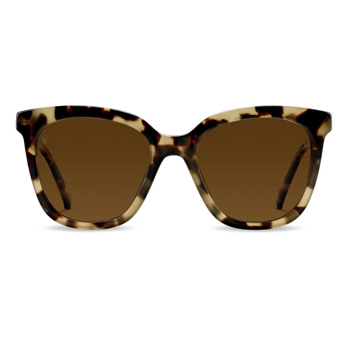 A pair of square-shaped sunglasses with a Havana tortoise acetate frame and amber tinted lenses.