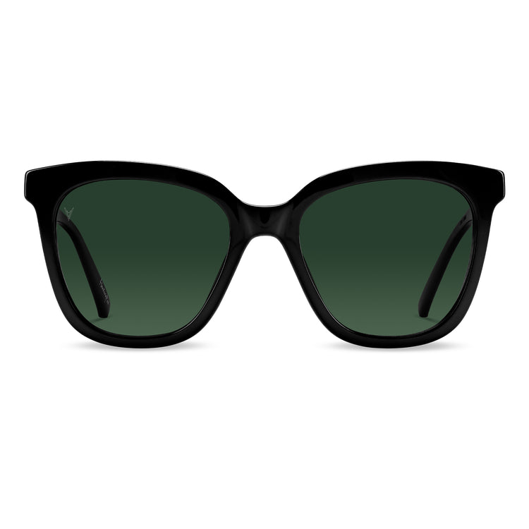 A pair of square-shaped sunglasses with a black frame and green tinted lenses.