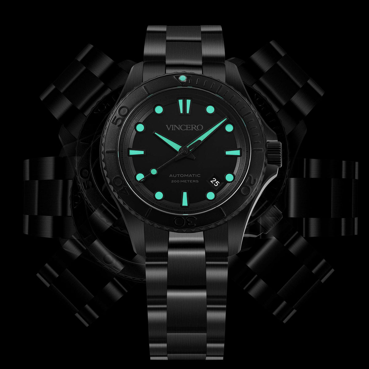 Black wristwatch with green accents on a black background