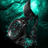 Black wristwatch with green accents on a underwater background dive watch for men