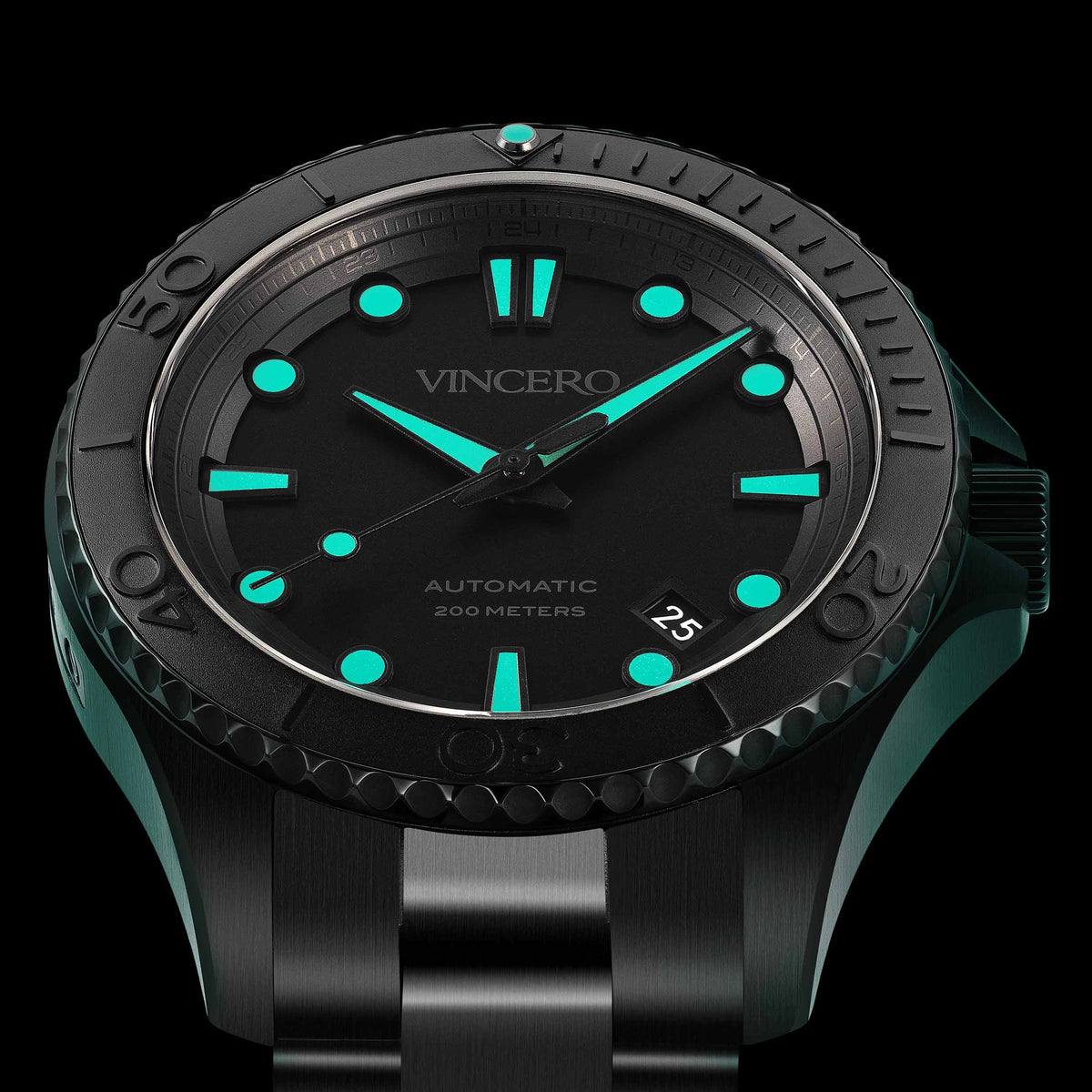 Black wristwatch with green accents on a black background