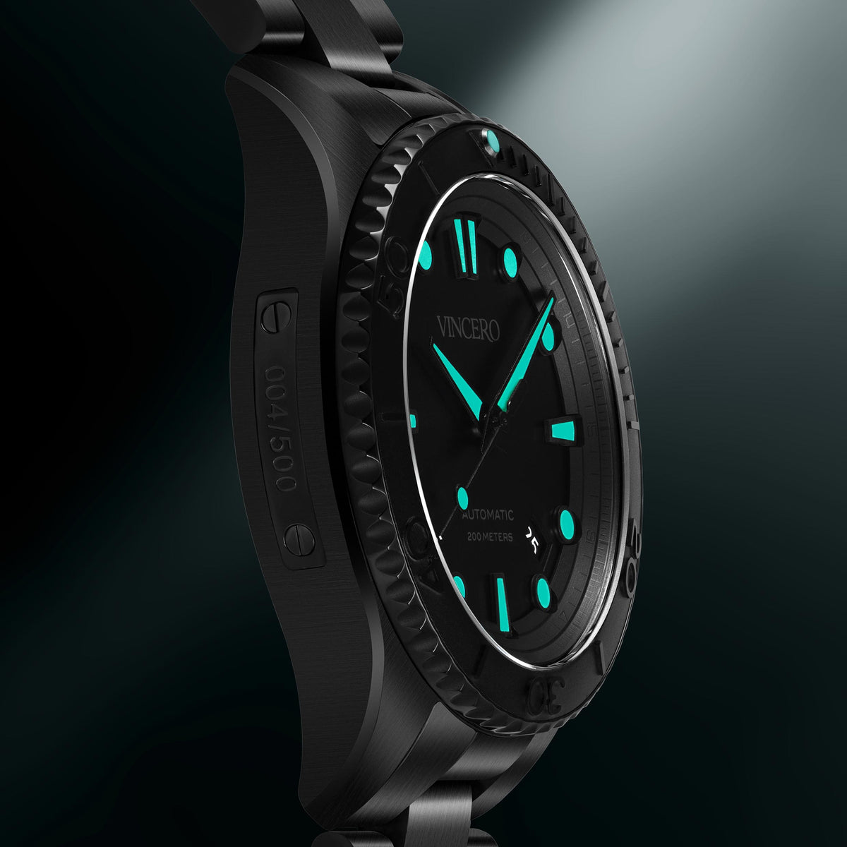 Black wristwatch with green accents on a black background