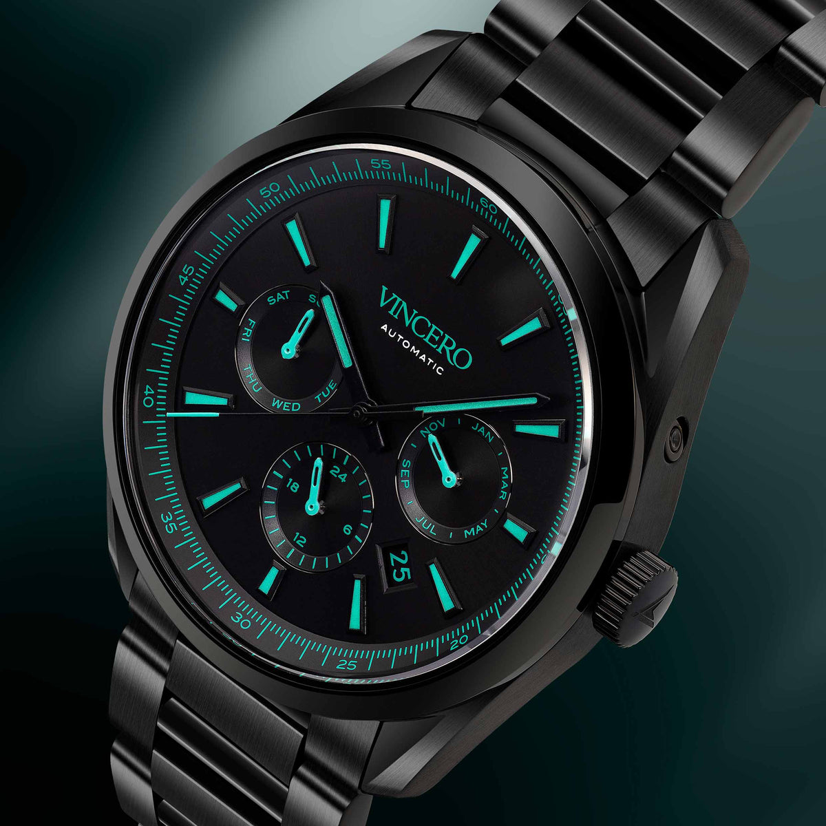 Black wristwatch with green glowing face on a BLACK background
