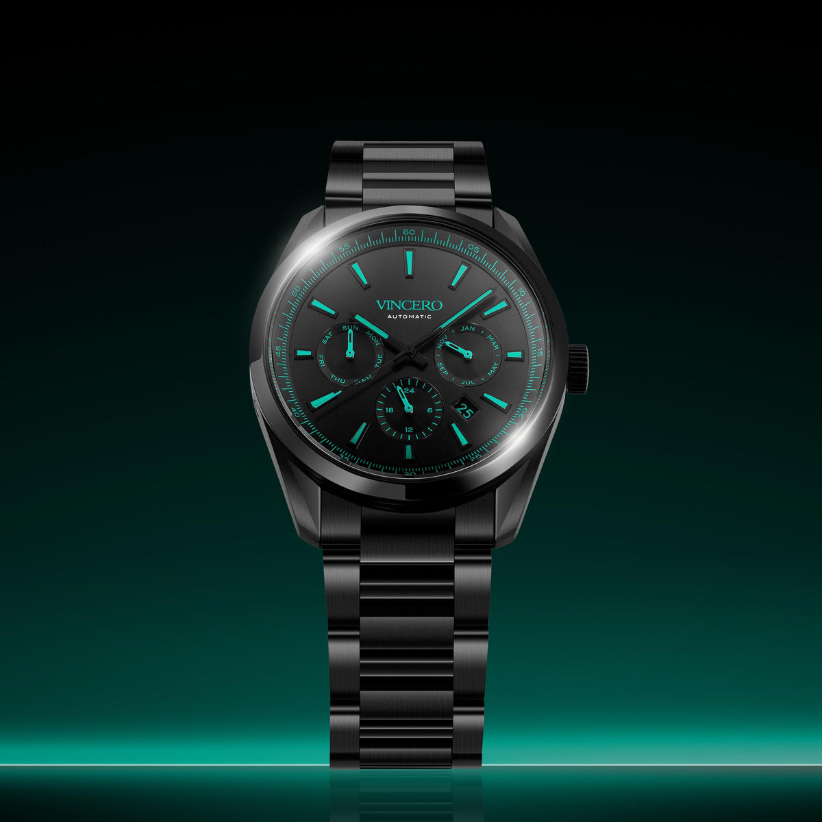 Black wristwatch with green glowing face on a BLACK background