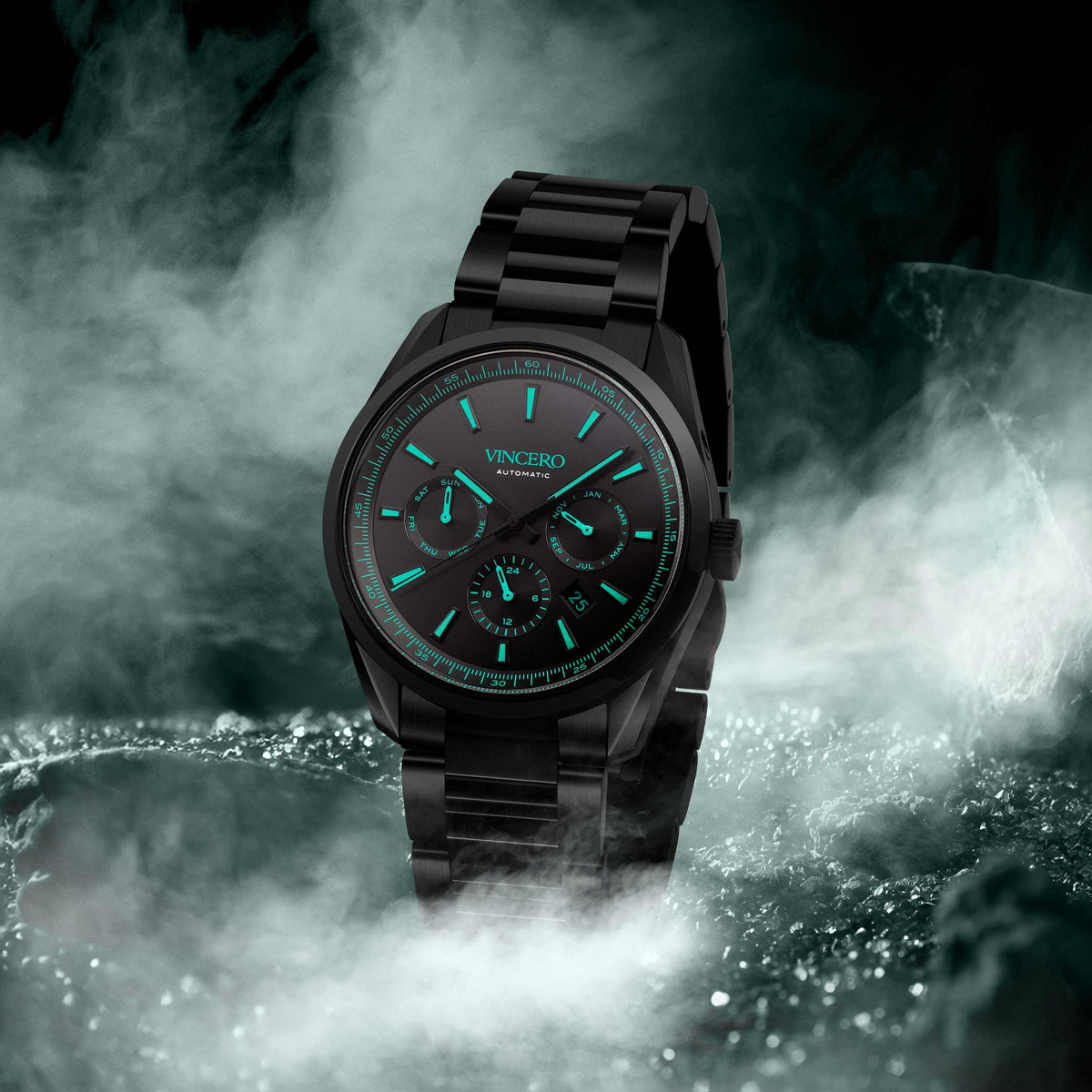 Black wristwatch with green glowing face on a BLACK background