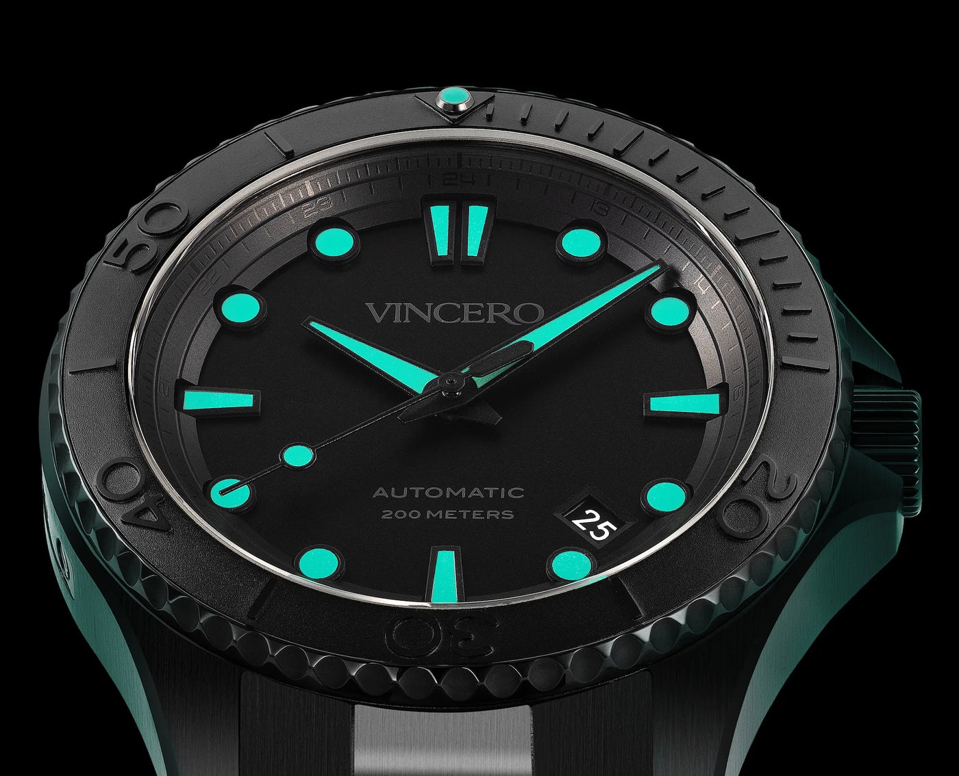 Black wristwatch with turquoise accents and 'Vincero' branding on a black background