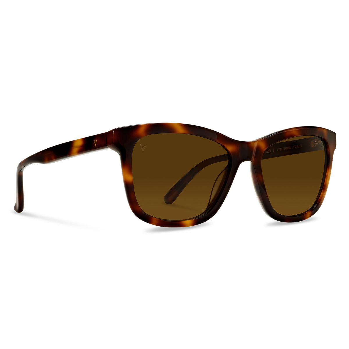 Sunglasses with tortoiseshell frame and brown lenses on a white background