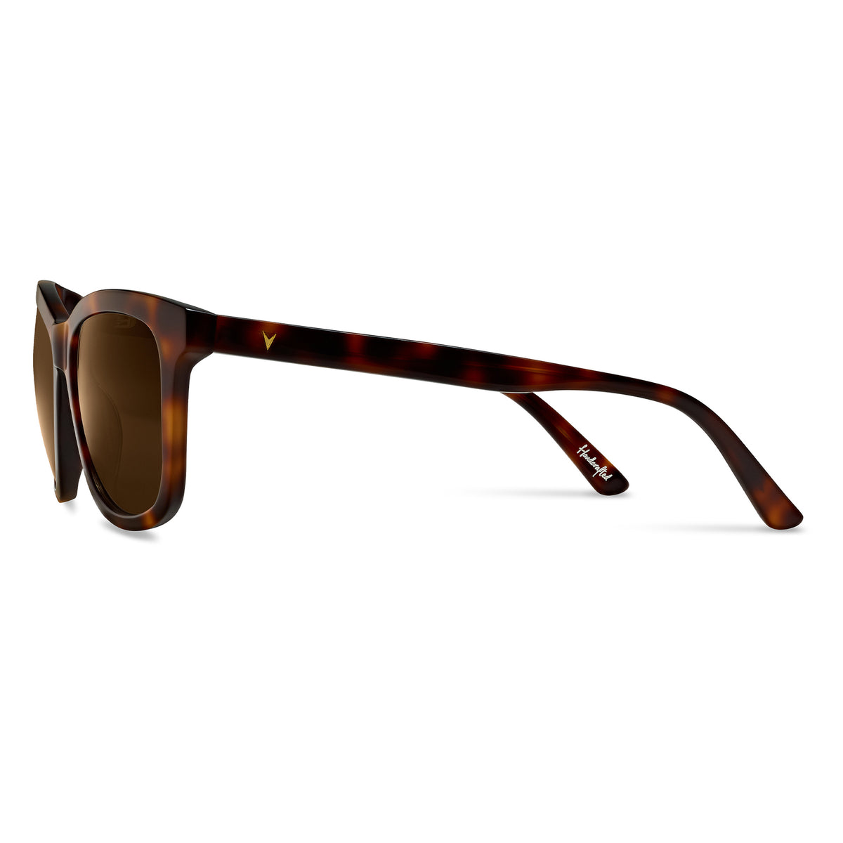 Sunglasses with tortoiseshell frame and brown lenses on a white background
