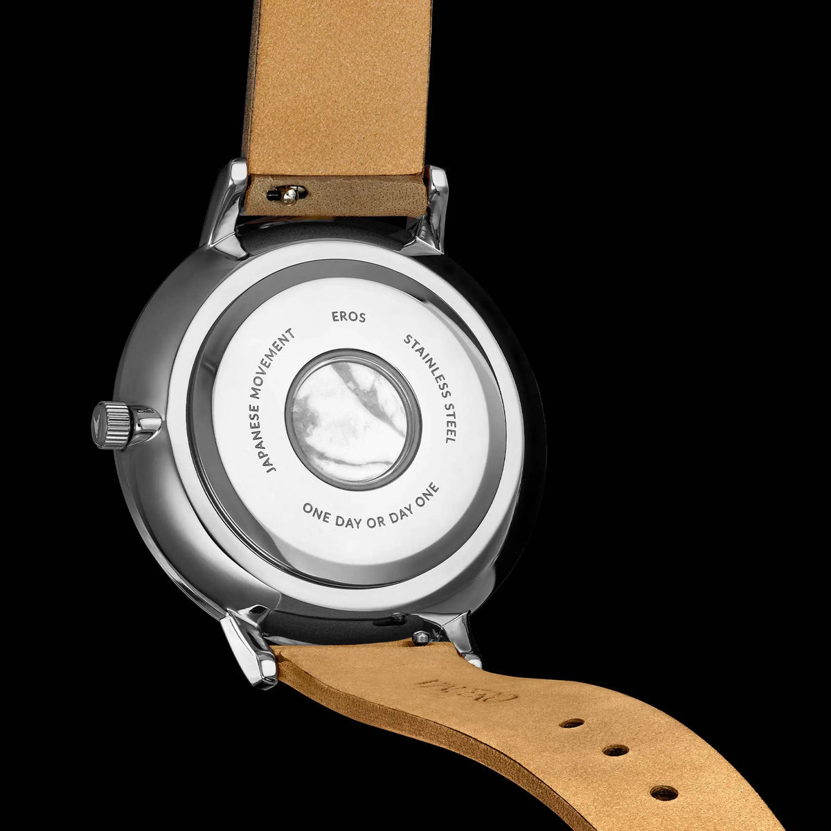 Watch with a brown leather strap and silver case on a black background