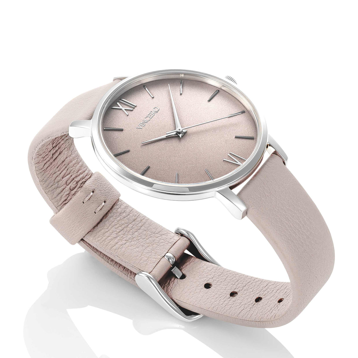 Wristwatch with beige leather strap and silver case on a white background