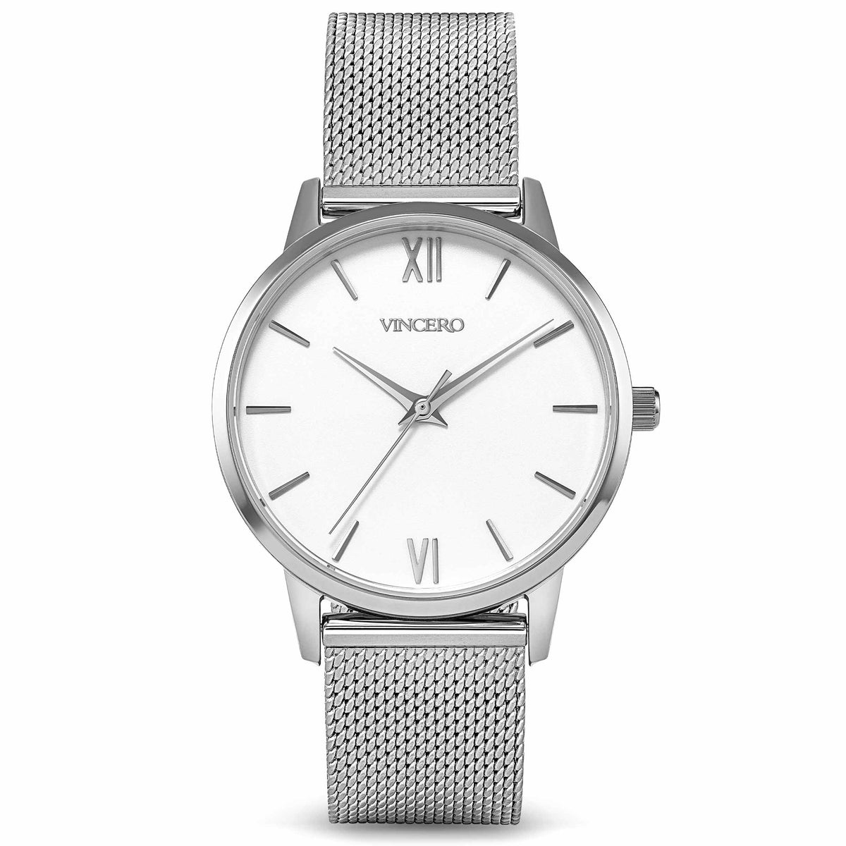Silver watch with mesh band and white dial on a white background