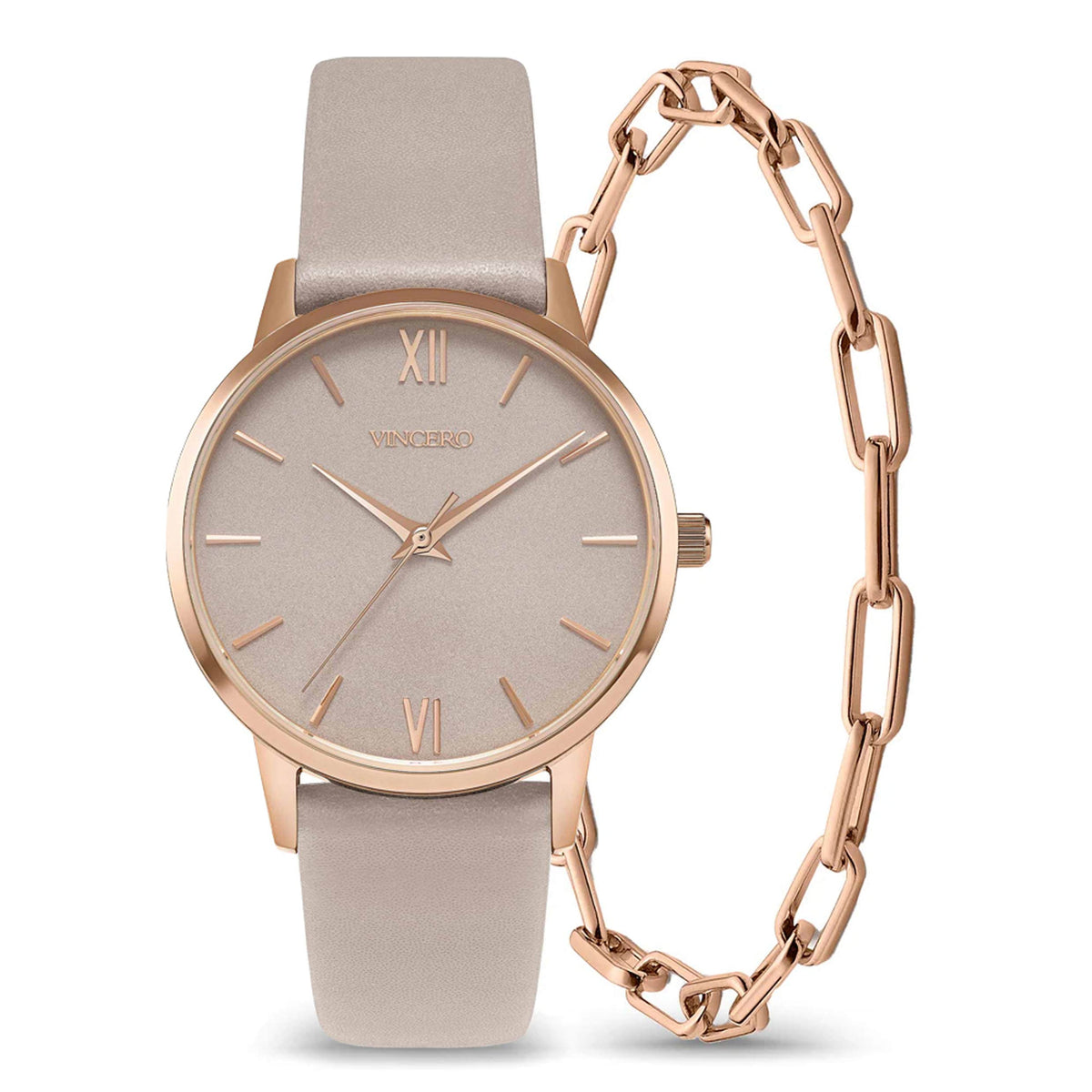 Wristwatch with rose gold case and chain, beige strap on white background