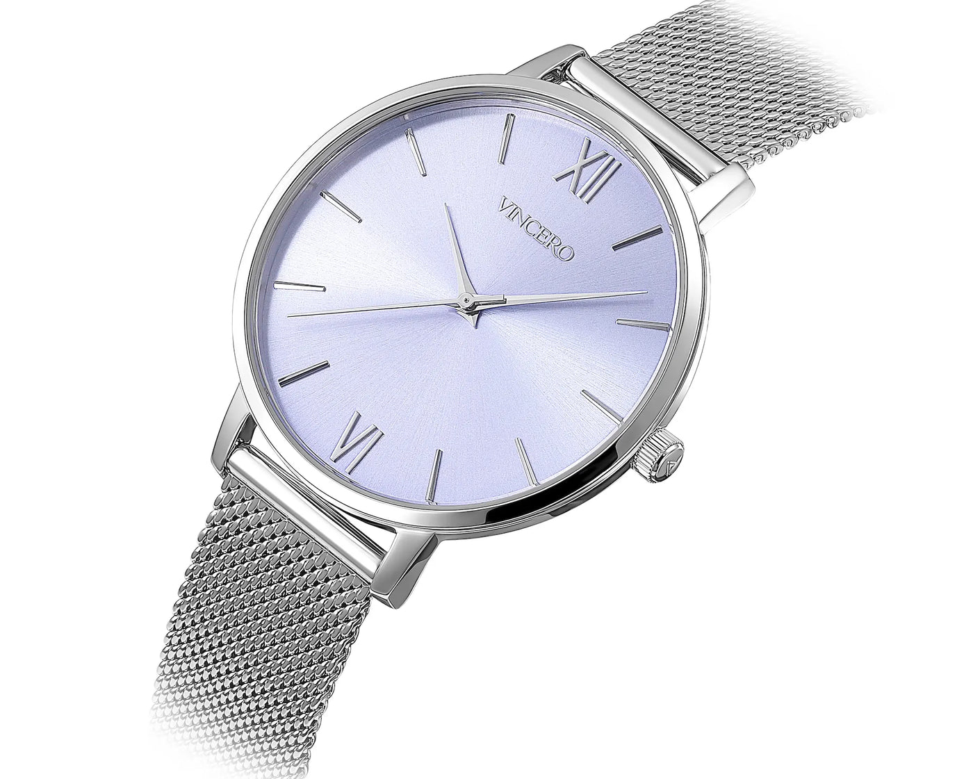 Silver watch with a light blue face on a white background