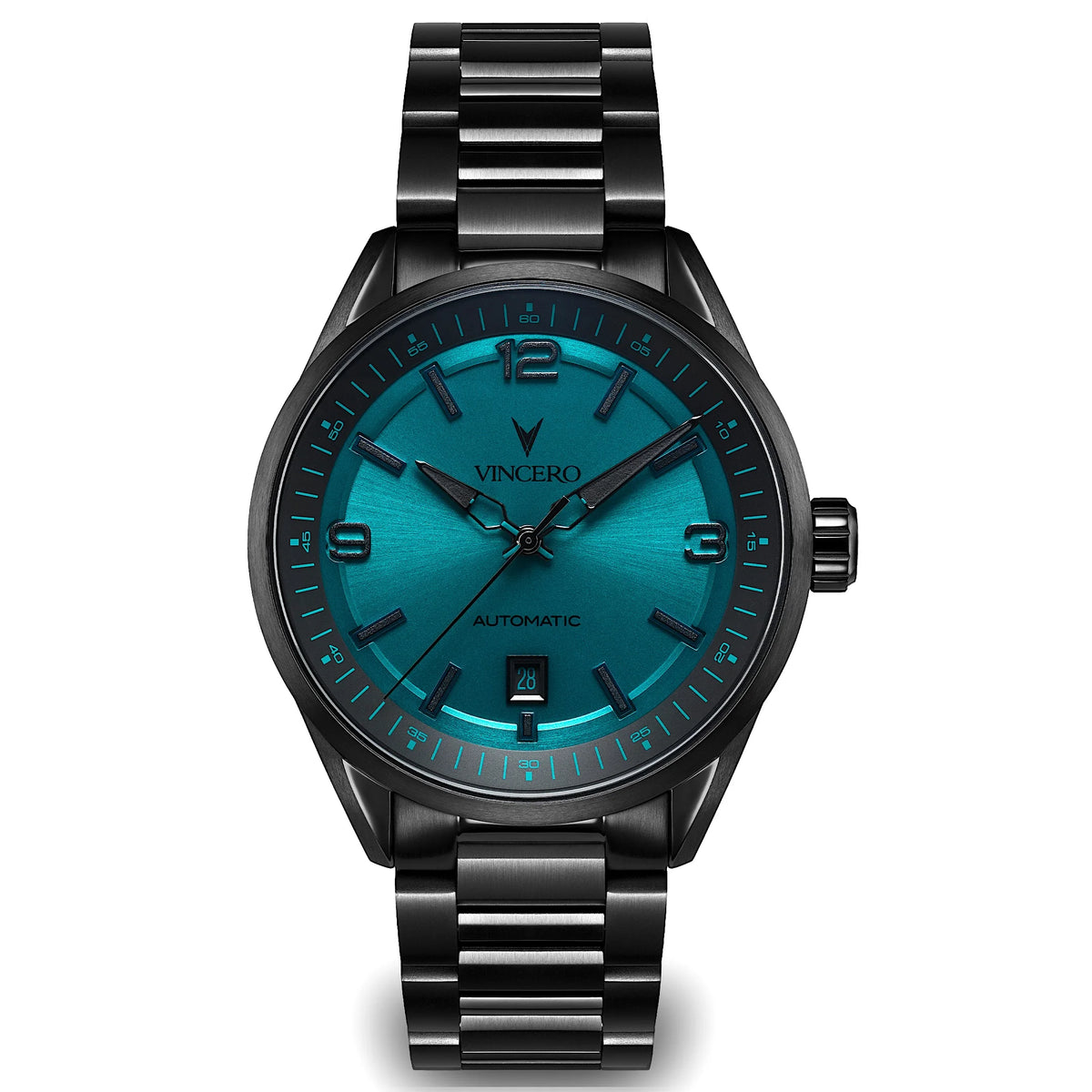 Black wristwatch with blue face on a white background