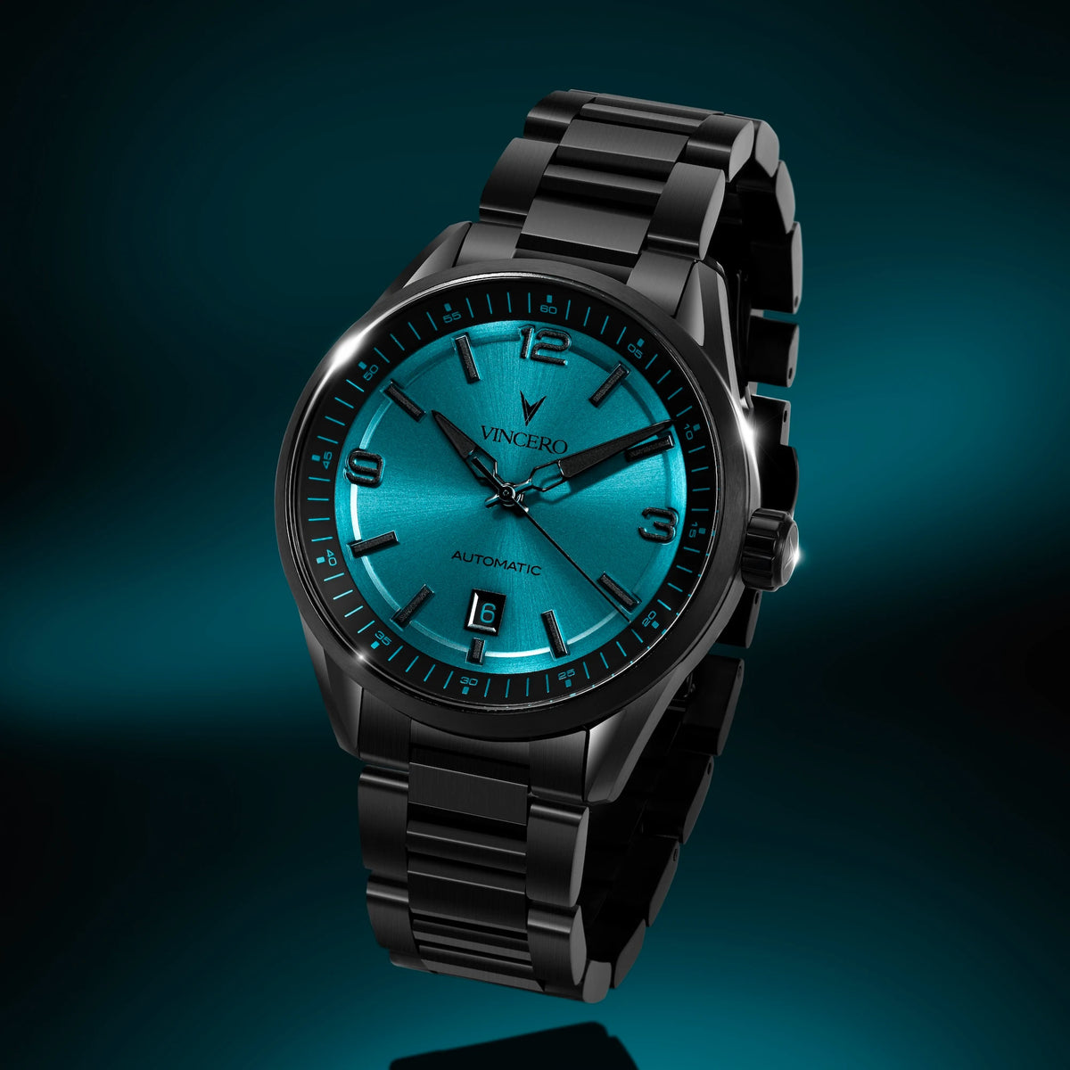 Black wristwatch with a blue face on a dark background