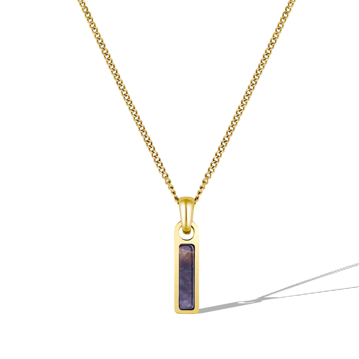 Gold necklace with a rectangular pendant on a white background