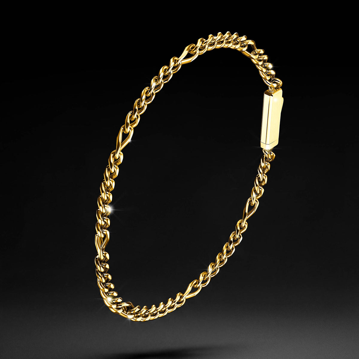 A polished yellow gold chain bracelet with a flat rectangular plate on the clasp, shown against a dark black gradient background.