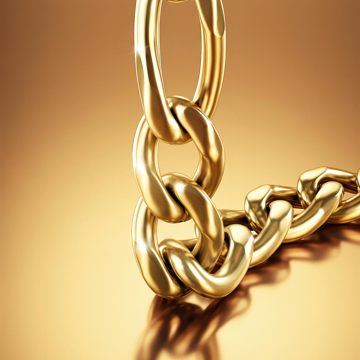 A close-up of a polished gold chain with interlocking links, photographed on a warm gold gradient background with a reflective surface.