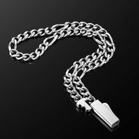 A silver-toned metal chain necklace with a rectangular pendant, displayed on a reflective black background.