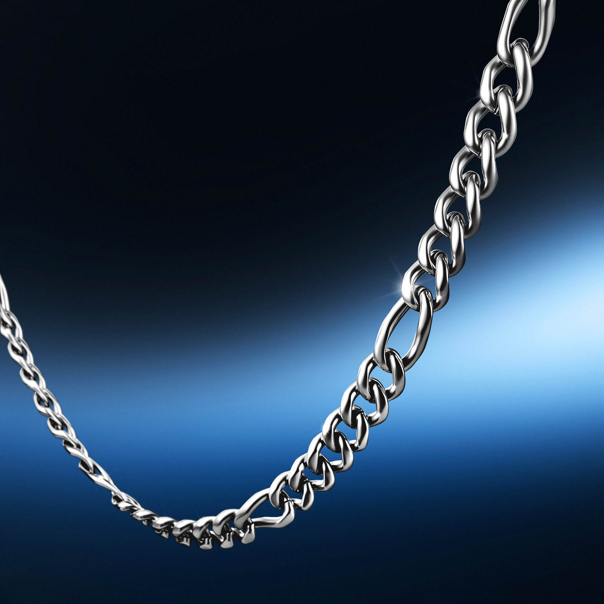 A close-up of a polished silver metal chain necklace with a curb link pattern, set against a dark blue gradient background.