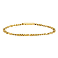 A gold-toned metal chain bracelet with a polished rectangular clasp, displayed against a solid white background.