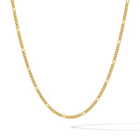 A gold Figaro chain necklace displayed in a curved drape against a clean white background.