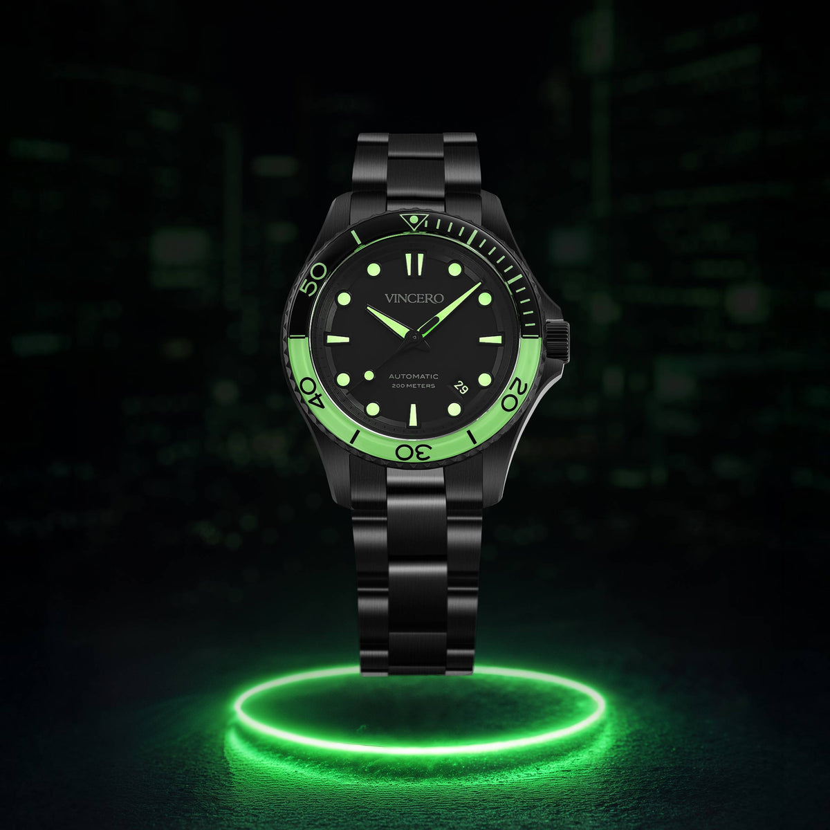 Black wristwatch with green accents on a dark background